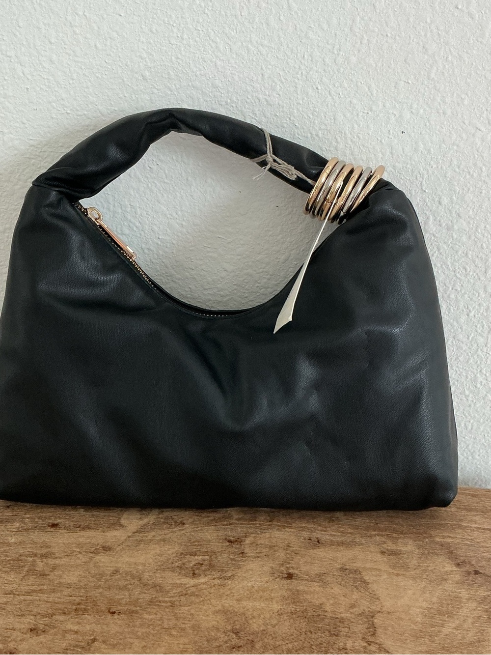 a new day Black Hobo Shoulder Bag with Gold Ring Accent